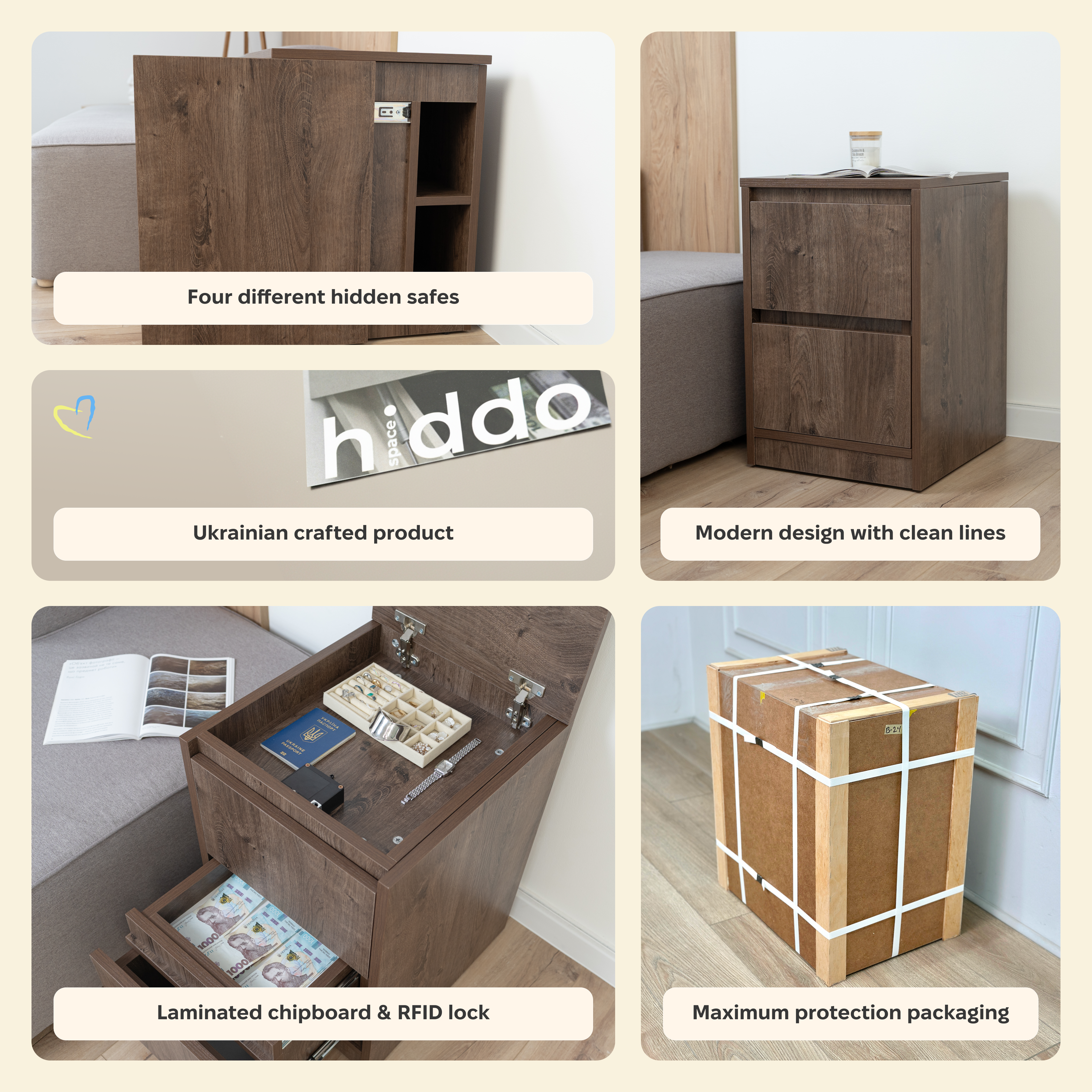 Comodino con contenitore nascosto con serratura - Nero