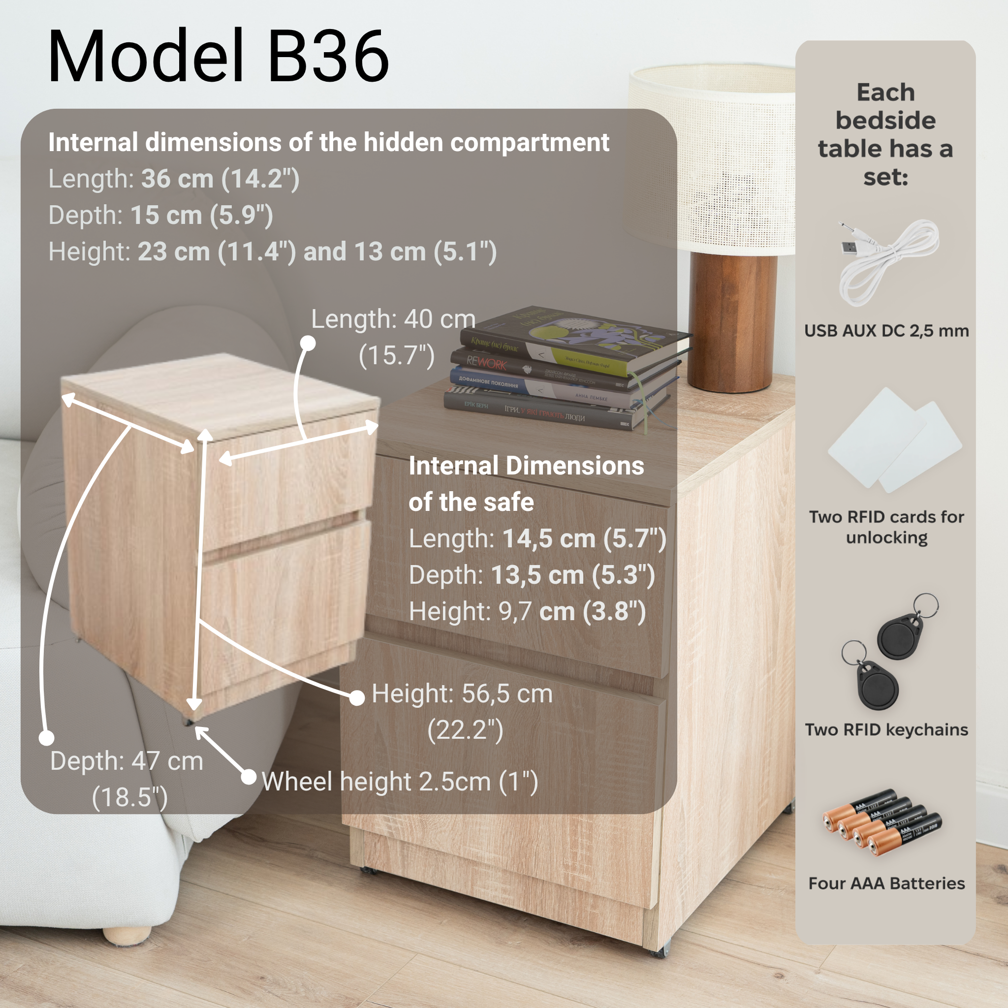 Moderner Nachttisch mit verstecktem Metalltresor und RFID-Schloss – B36