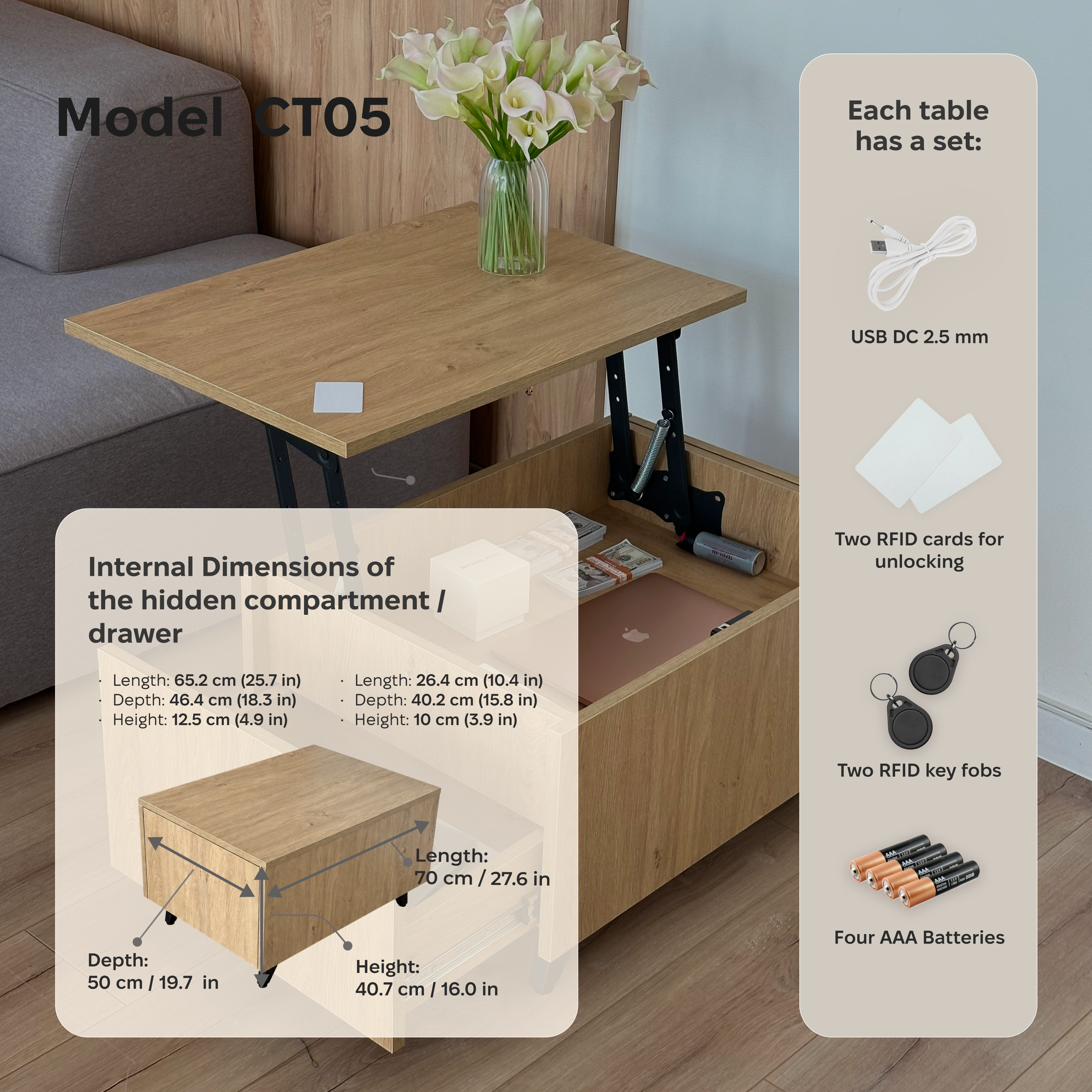 Couchtisch mit Hubplatte, verstecktem Fach & RFID-Schloss CT05