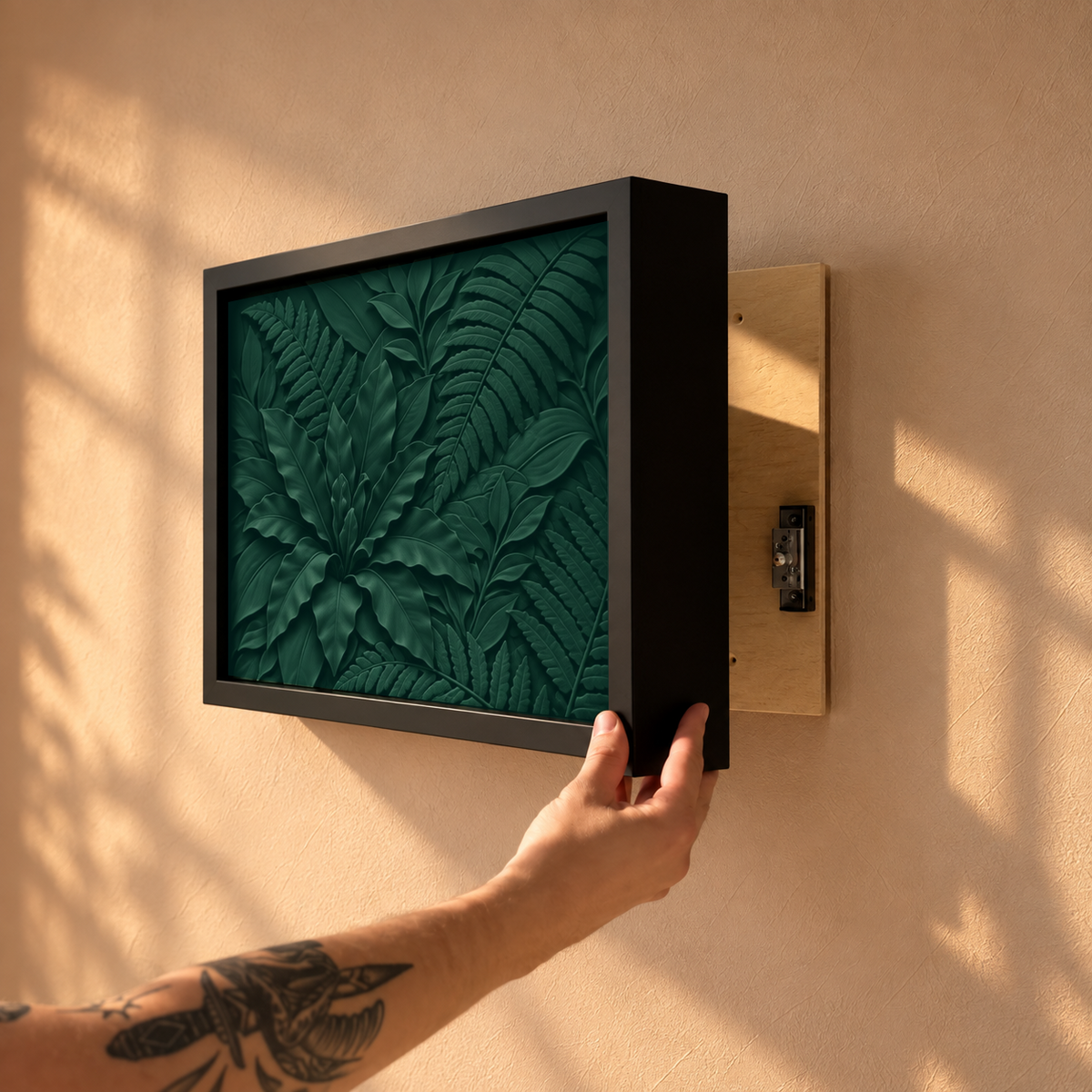 Decoración de pared con arte de bosque verde oscuro y almacenamiento RFID oculto - D01