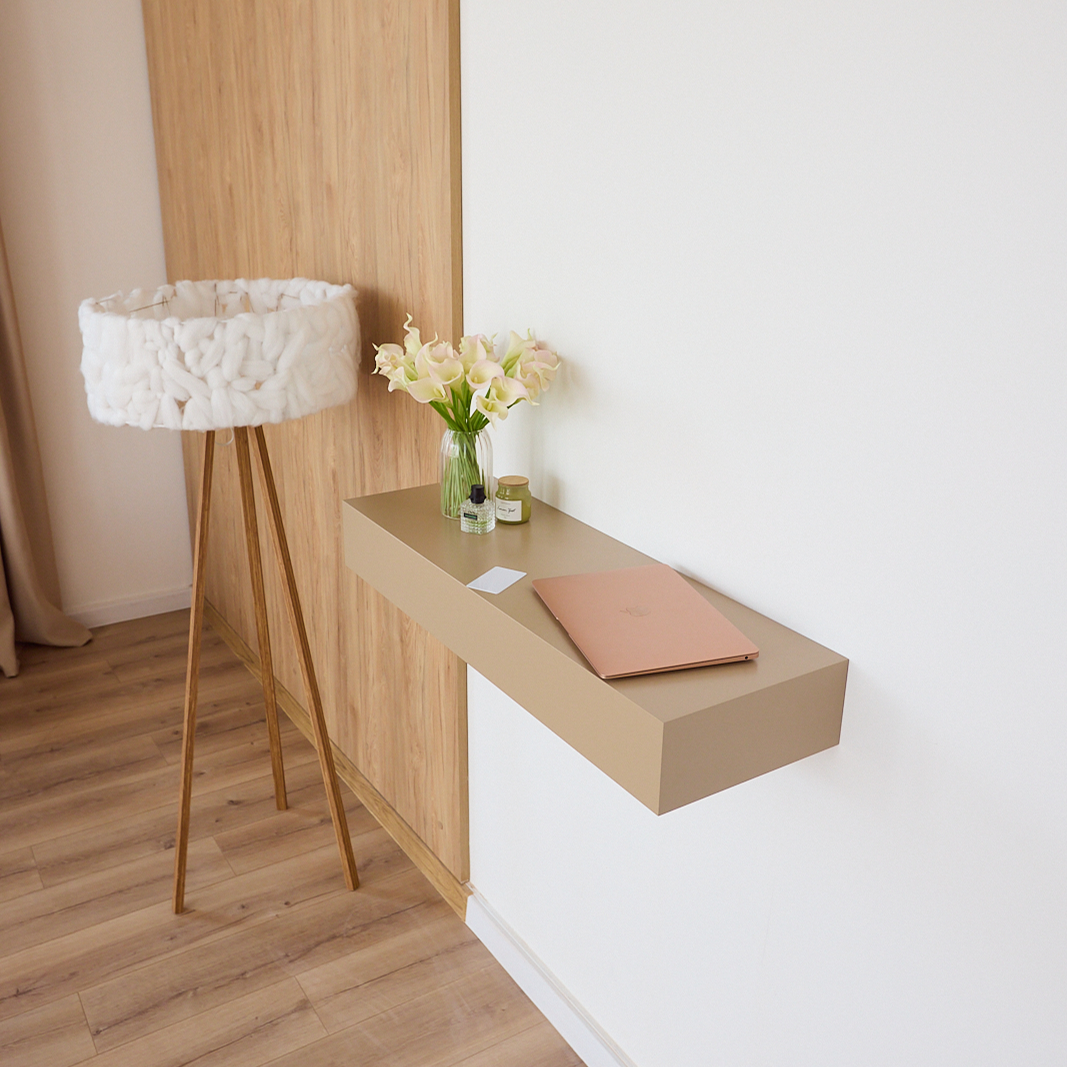 A14 floating console table in beige finish mounted in a modern bedroom interior