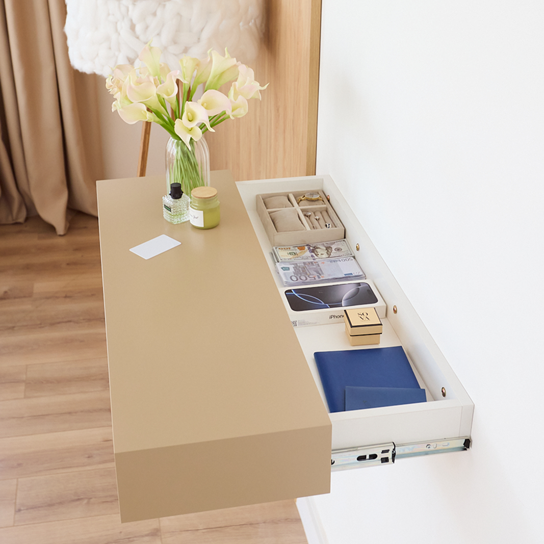 RFID access card opening the hidden drawer of A14 floating wall table