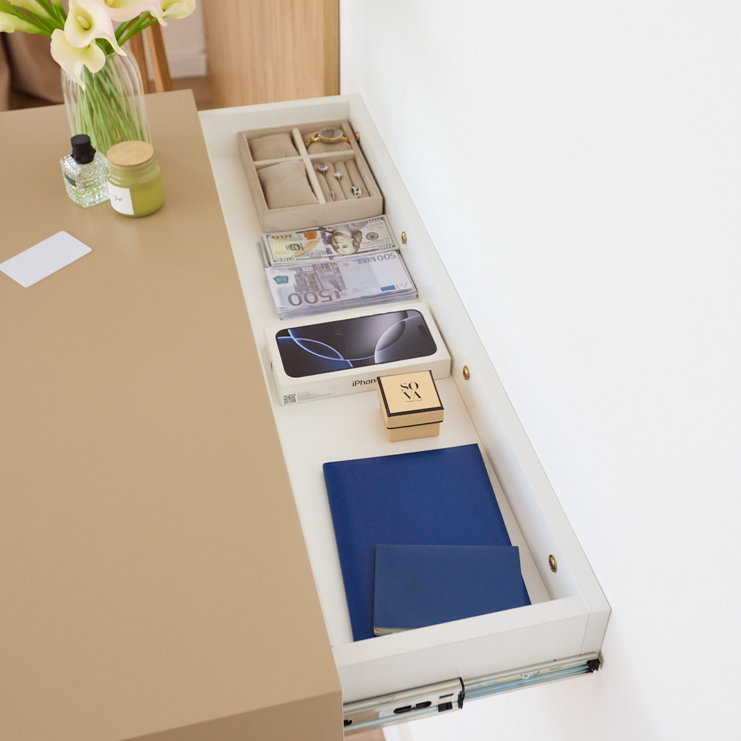 A14 floating wall table with hidden RFID drawer and minimalist beige design