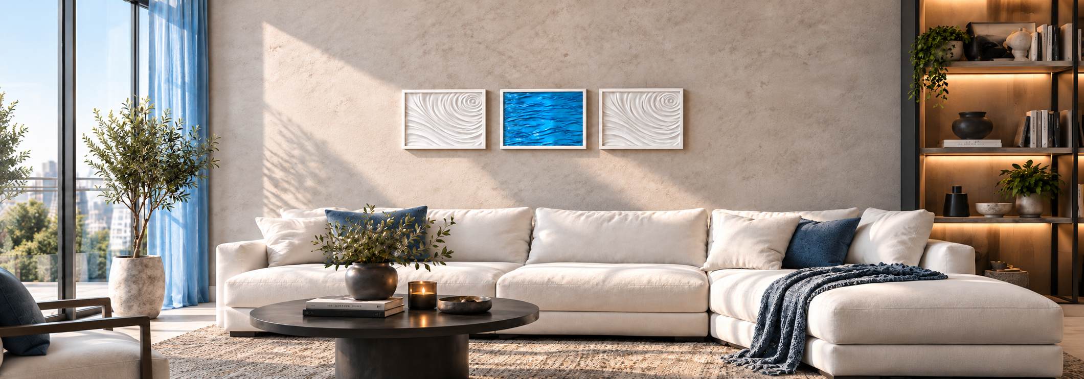Modern living room with hidden storage wall decor above a sofa