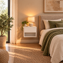 A modern bedroom scene featuring a white floating nightstand with a lit table lamp and a small potted plant, next to a bed with beige bedding and a textured green throw blanket.