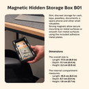 B01 magnetic hidden storage box infographic with product dimensions and internal compartment size