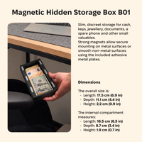 B01 magnetic hidden storage box infographic with product dimensions and internal compartment size