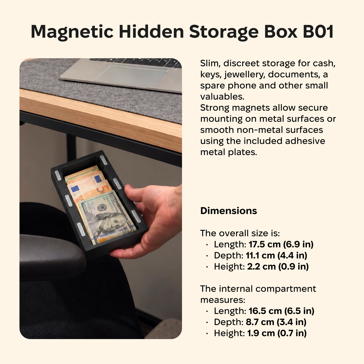 B01 magnetic hidden storage box infographic with product dimensions and internal compartment size