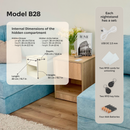 B28 nightstand dimensions and hidden storage infographic with RFID lock, cards, key fobs, batteries and emergency power cable.