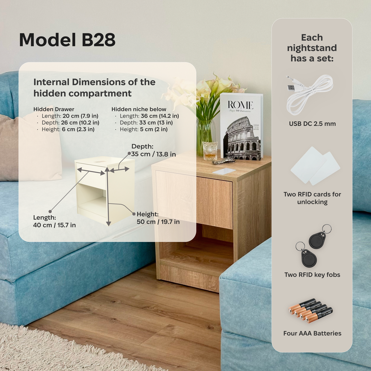 B28 nightstand dimensions and hidden storage infographic with RFID lock, cards, key fobs, batteries and emergency power cable.