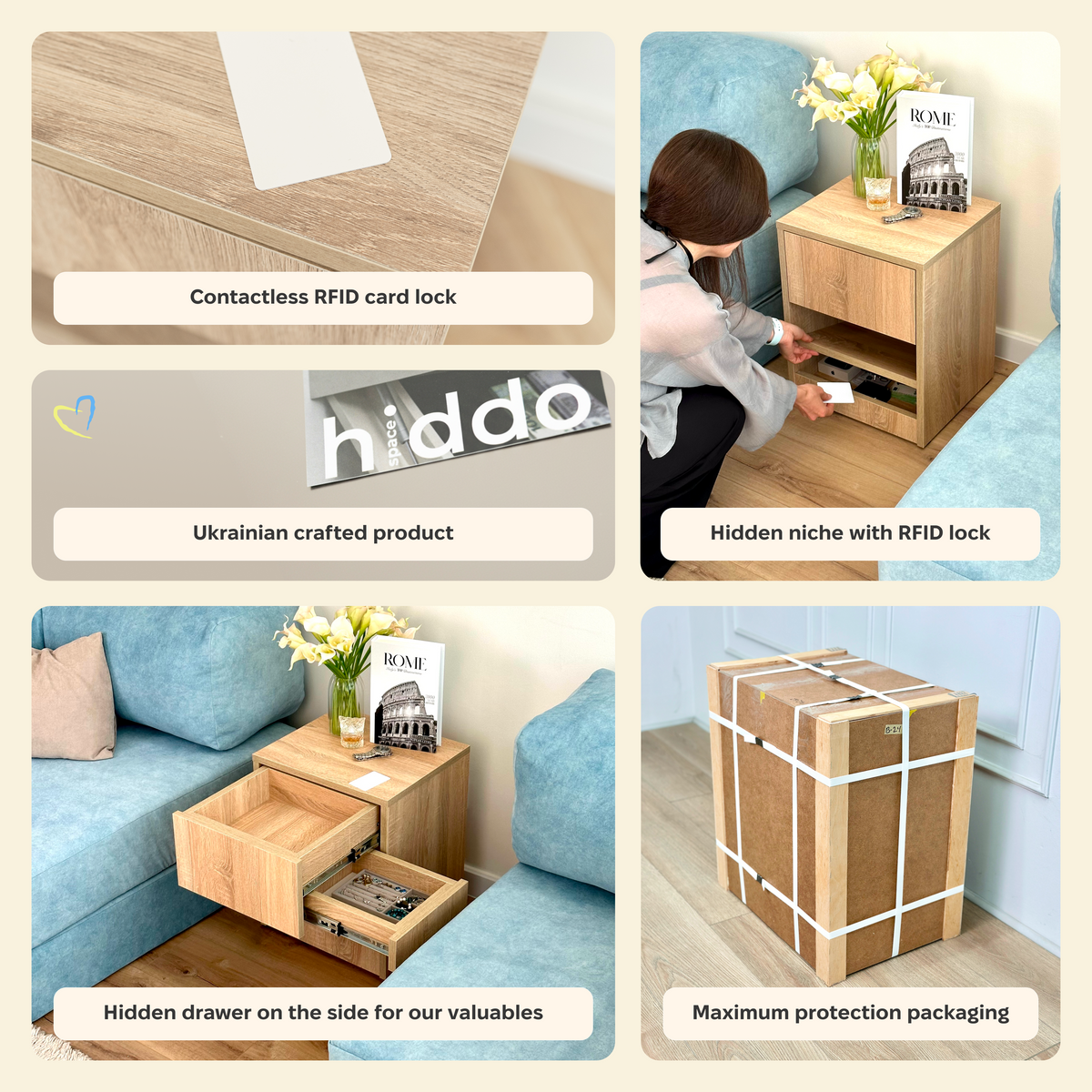 B28 nightstand infographic showing contactless RFID access, hidden lower compartment, side hidden drawer and protective packaging.