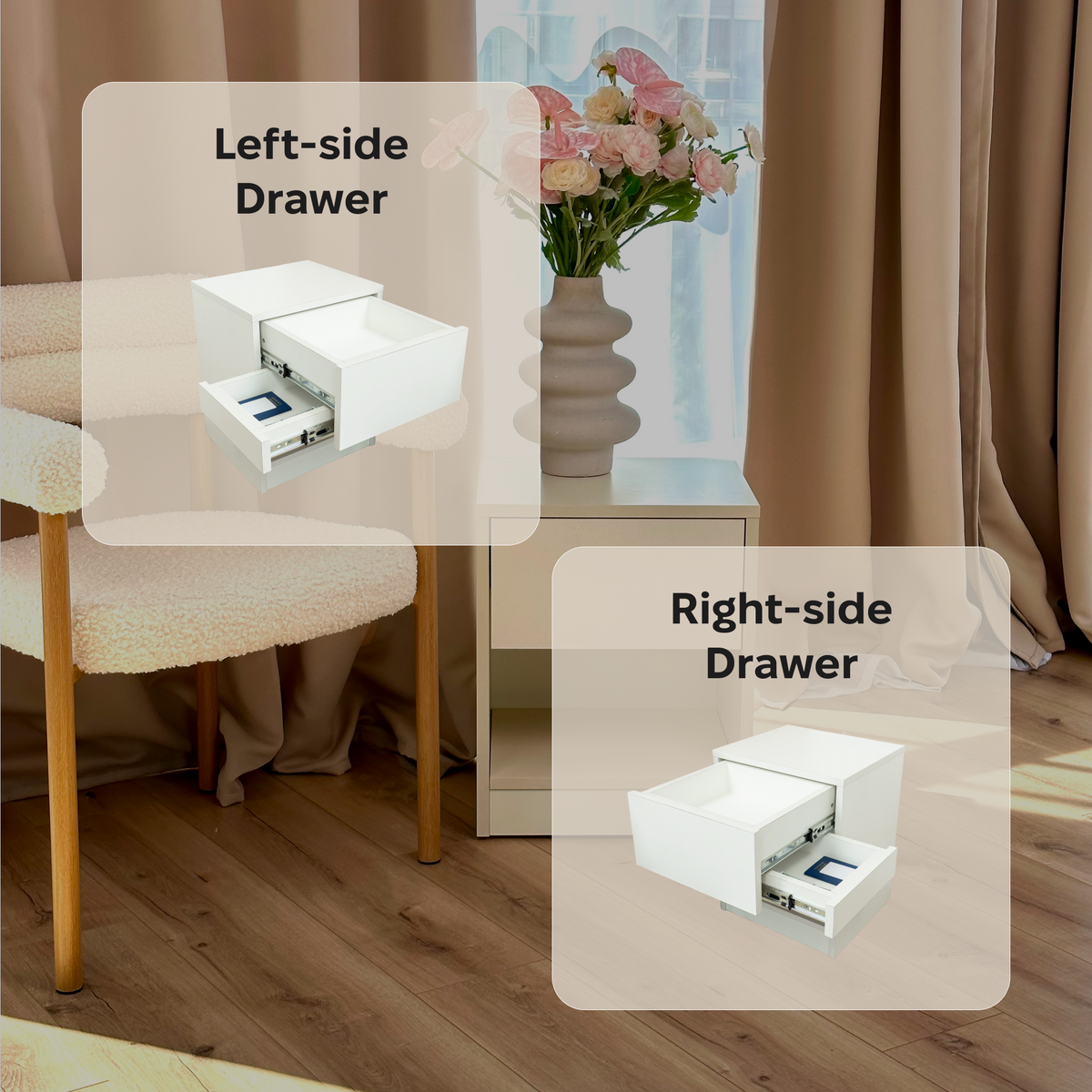 B28 nightstand with selectable left-side or right-side hidden drawer configuration.