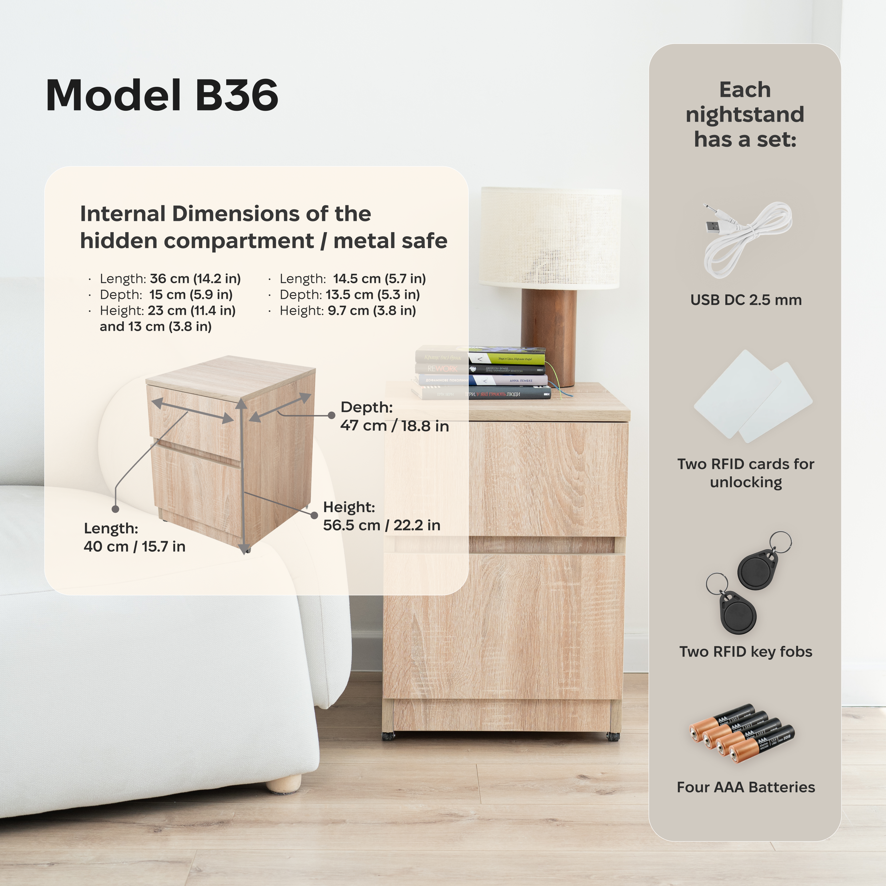 Moderner Nachttisch mit verstecktem Metalltresor und RFID-Schloss – B36