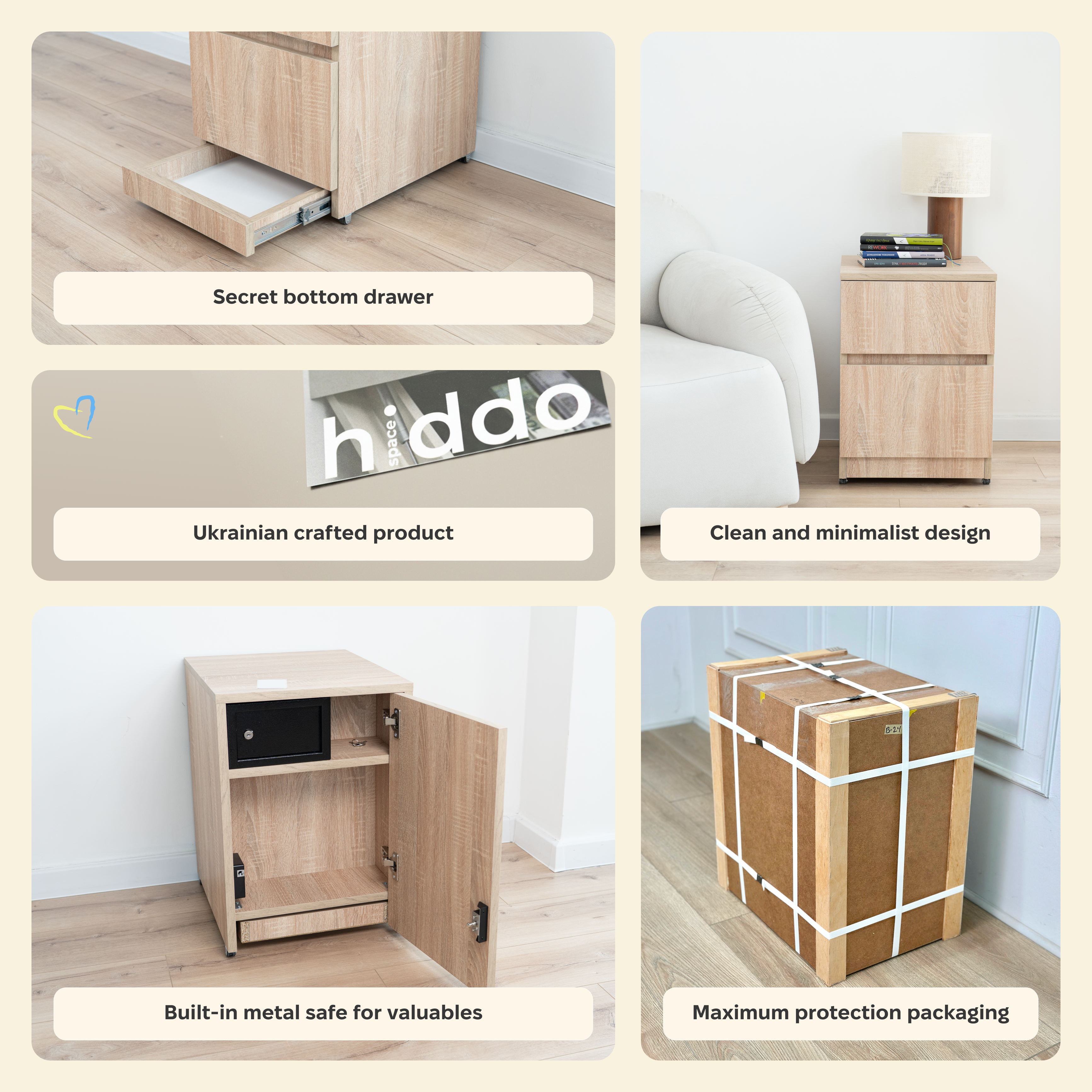 Moderner Nachttisch mit verstecktem Metalltresor und RFID-Schloss – B36