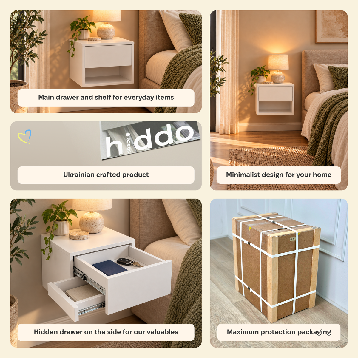 Comodino da parete con cassetto laterale nascosto – B40