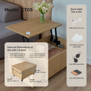 A wooden lift-top storage table shown in a styled room scene with an open drawer and a floating desktop. The image includes overlaid dimension callouts for the safe/drawer and a list of included accessories on the right, so this is best classified as Instruction Diagram rather than Product/Packaging because the image is explanatory and informational.