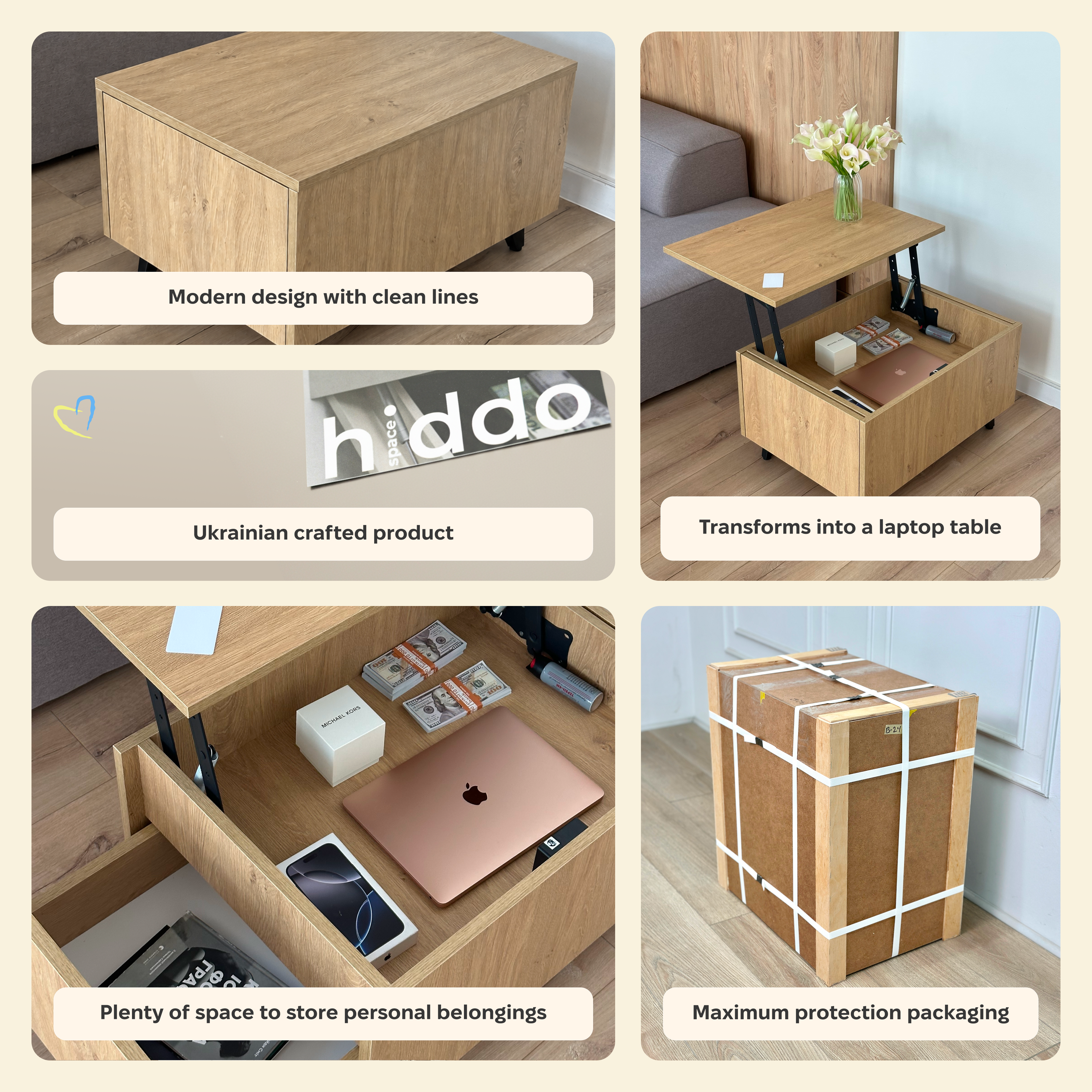 A 2x3 collage showing a light wood storage coffee table in use and in packaging. The panels include text overlays such as 'Modern design with clean lines', 'Transforms into a laptop table', 'Plenty of space to store personal belongings', and 'Maximum protection packaging'.