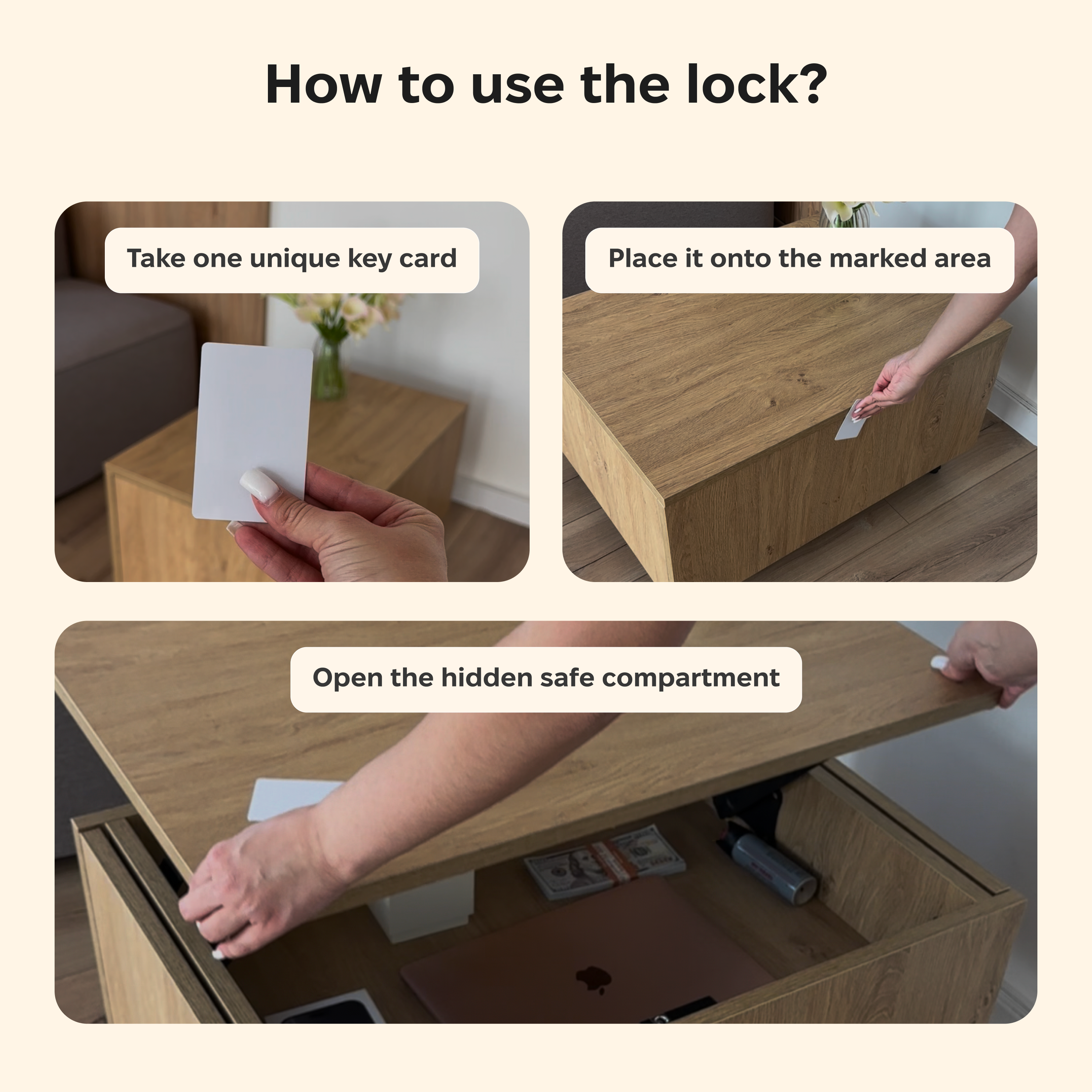 Three-panel instructional graphic showing how to use a lock key card: taking a white key card, placing it on a wooden table, and opening a hidden safe compartment under a wooden surface. Text labels guide each step.