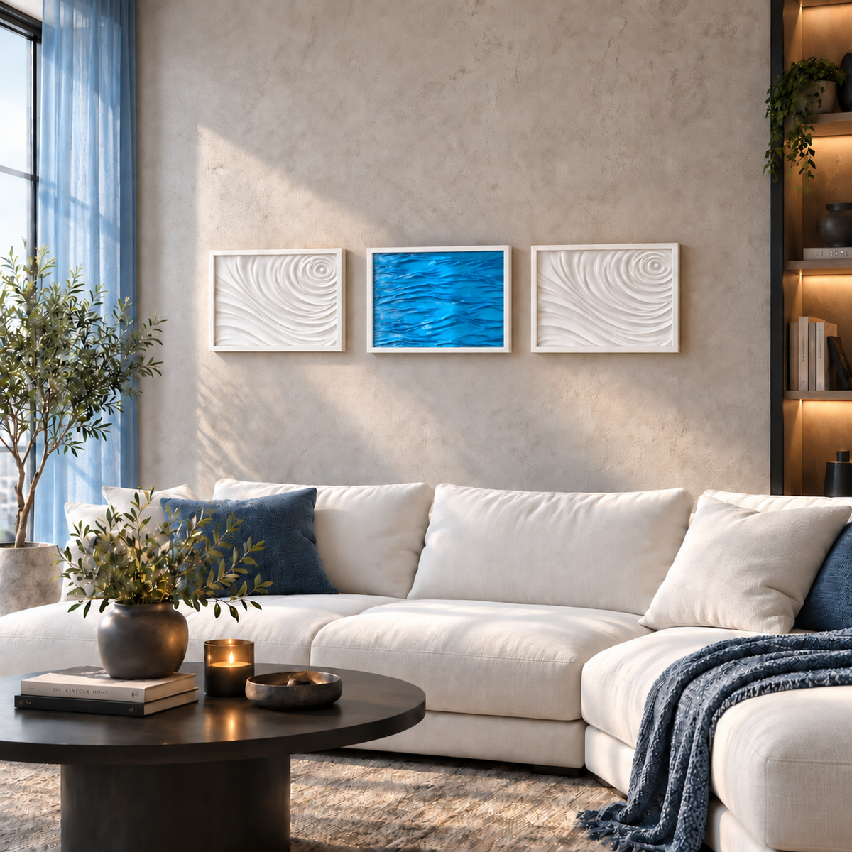 Three framed wall art prints hang above a white sectional sofa in a modern living room. The center print features a bright blue abstract wave design, while the two side prints are white with textured swirl patterns.