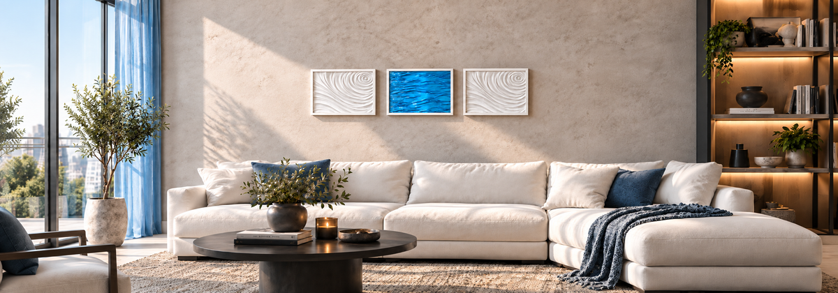 Modern living room with hidden RFID storage wall art