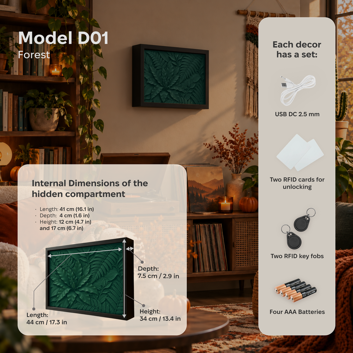 Décoration murale représentant une forêt vert foncé avec rangement RFID caché - D01