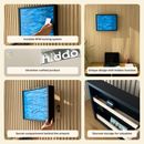 A 2x3 collage showing a wall-mounted black TV-like art piece with a blue abstract image on screen, plus callout text explaining features such as invisible RFID locking, Ukrainian craftsmanship, hidden compartment design, and discreet storage.