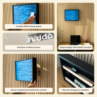 A 2x3 collage showing a wall-mounted black TV-like art piece with a blue abstract image on screen, plus callout text explaining features such as invisible RFID locking, Ukrainian craftsmanship, hidden compartment design, and discreet storage.