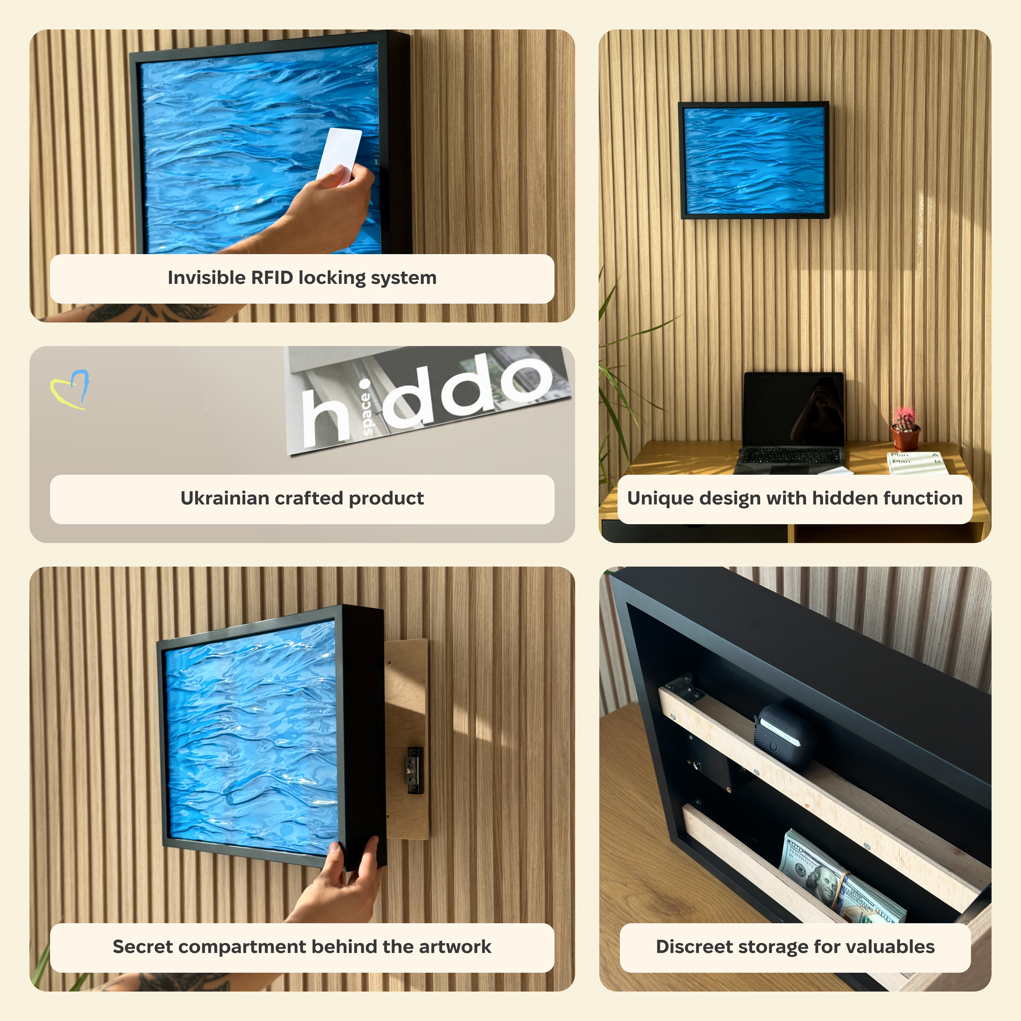 A 2x3 collage showing a wall-mounted black TV-like art piece with a blue abstract image on screen, plus callout text explaining features such as invisible RFID locking, Ukrainian craftsmanship, hidden compartment design, and discreet storage.