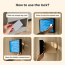Instructional graphic titled 'How to use the lock?' showing four panels with hands demonstrating a card-based lock mechanism: taking a key card, placing it on a marked area, opening a hidden compartment, and pulling a black lock mechanism from a wooden panel.