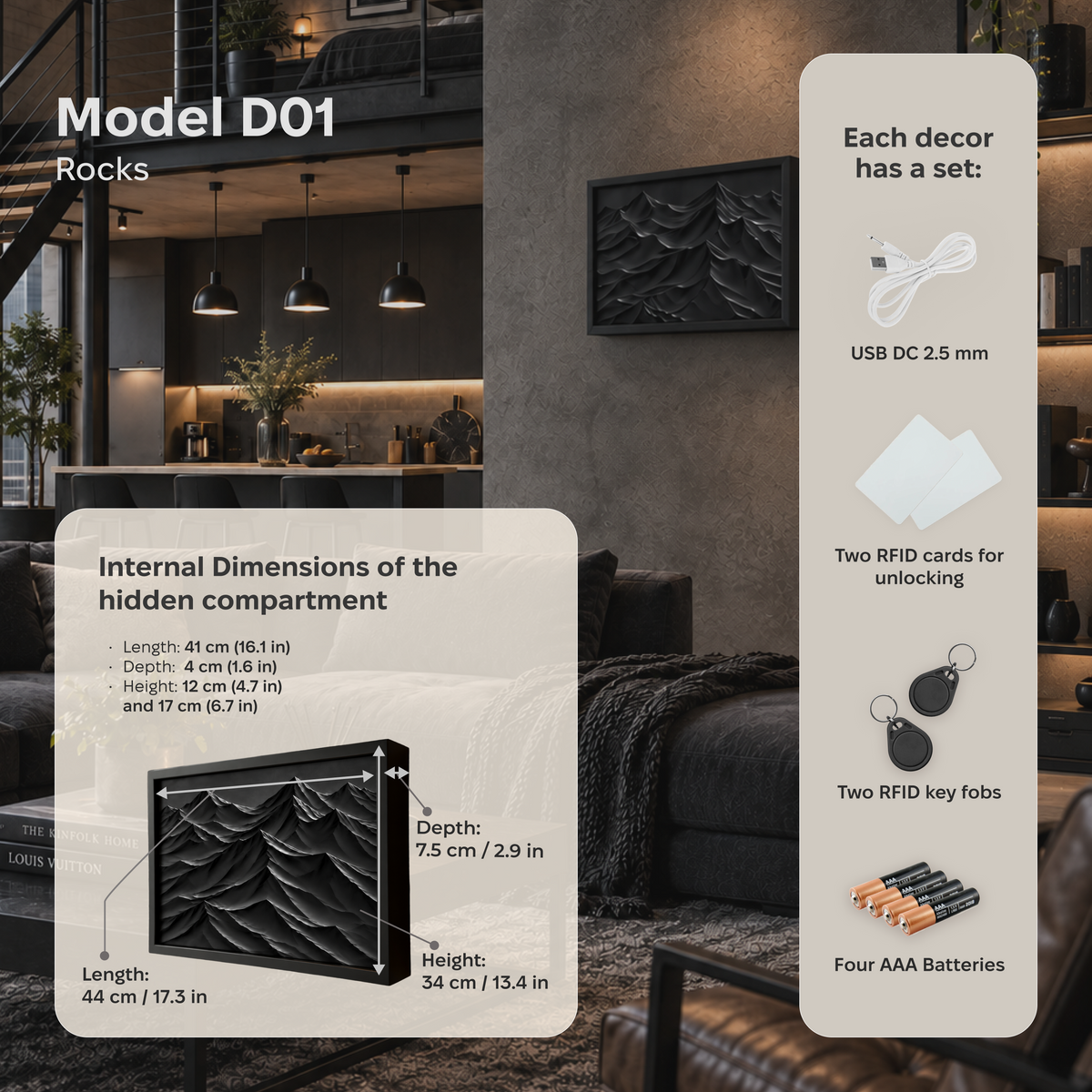 Decorazione da parete con rocce nere e scomparto RFID nascosto – D01