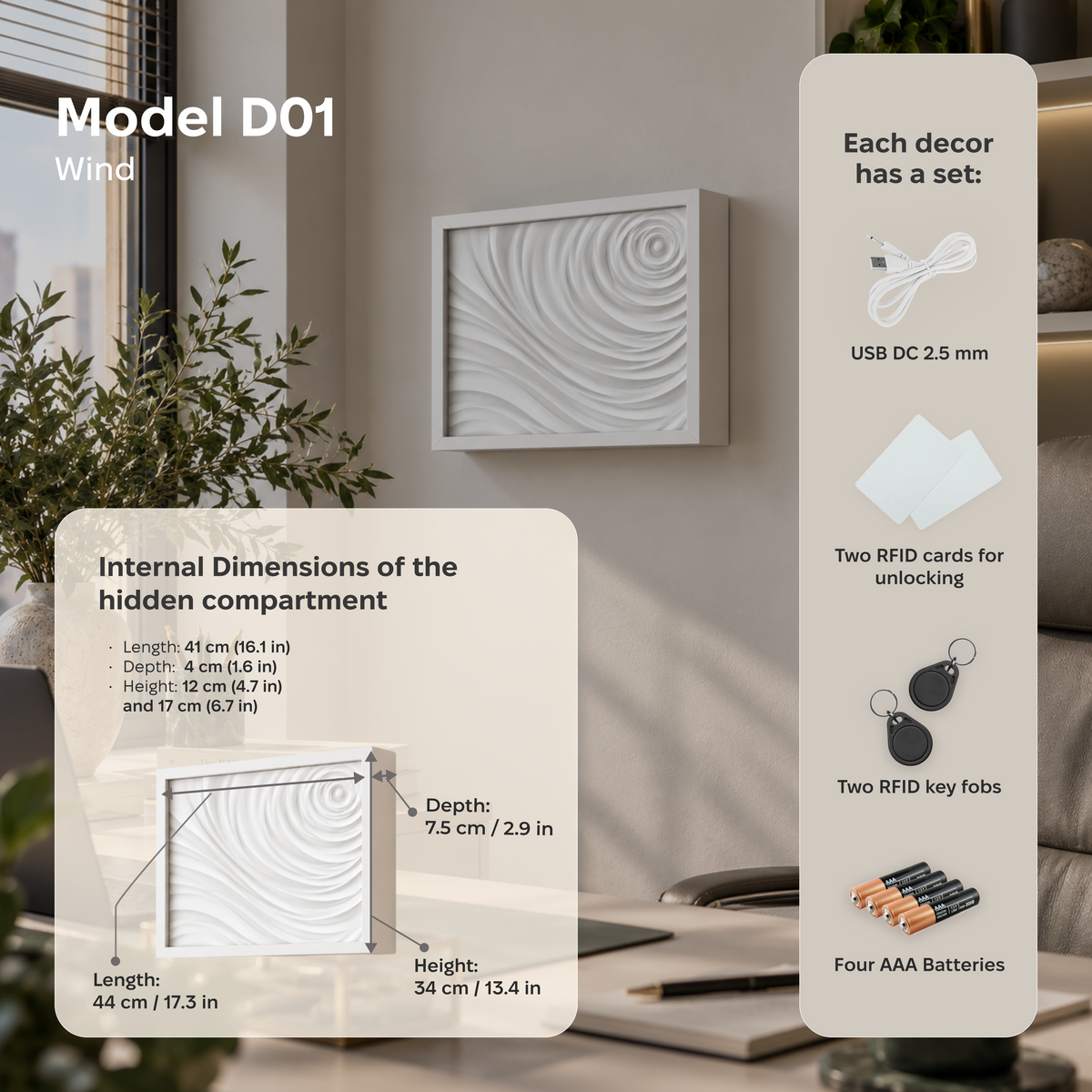 D01 Wind wall art with hidden RFID storage, showing overall and compartment dimensions plus included RFID cards, key fobs, AAA batteries and emergency USB power cable.