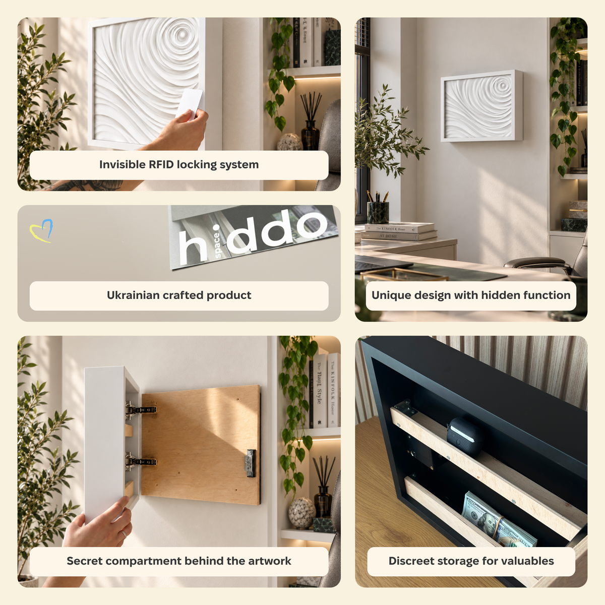 D01 Wind wall art infographic showing the hidden RFID compartment, discreet storage for valuables and concealed locking system.