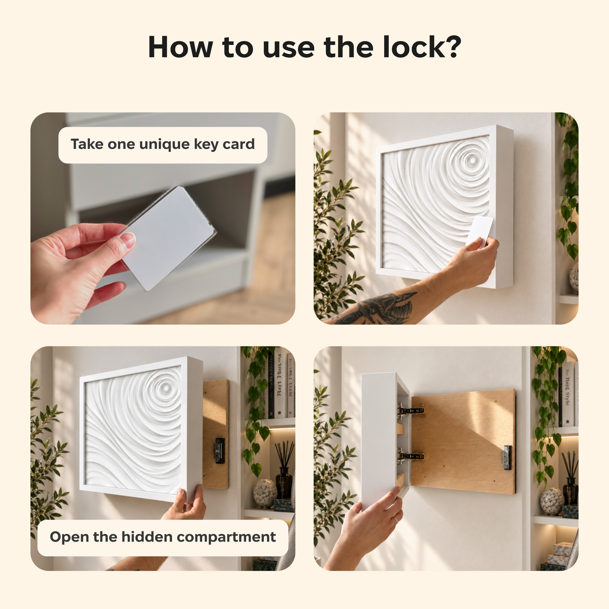 How to use the D01 RFID lock: use the RFID key card to unlock and open the hidden compartment behind the wall art.