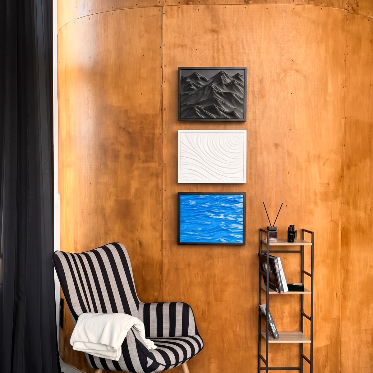 Three HIDDO D01 wall art designs with hidden storage displayed vertically in a modern interior.