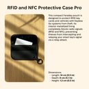 Black Faraday pouch shown on a wood surface with text describing RFID and NFC protection and dimensions.