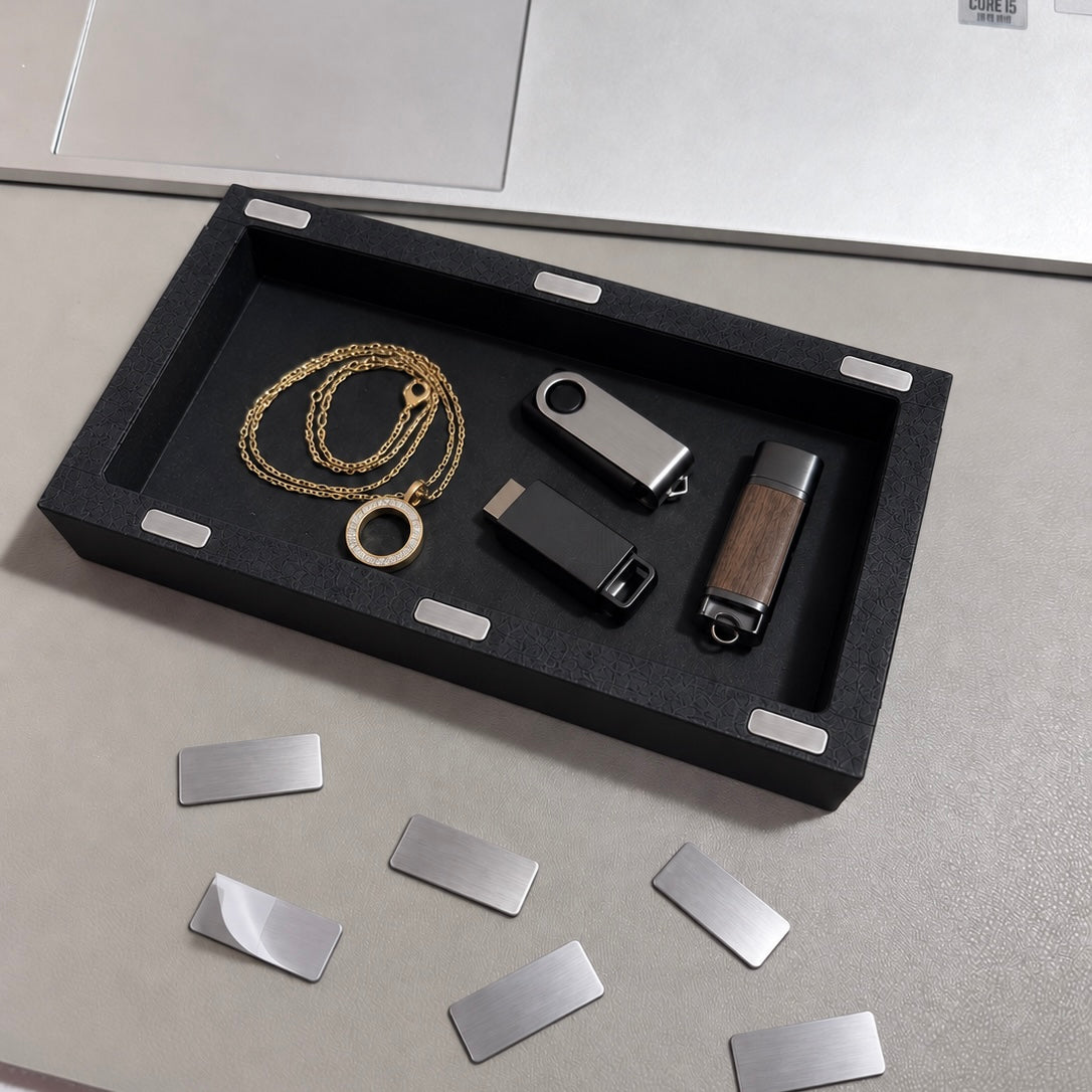 B01 magnetic hidden storage box with jewellery and USB drives, shown with self-adhesive metal mounting plates
