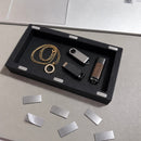 B01 magnetic hidden storage box with jewellery and USB drives, shown with self-adhesive metal mounting plates