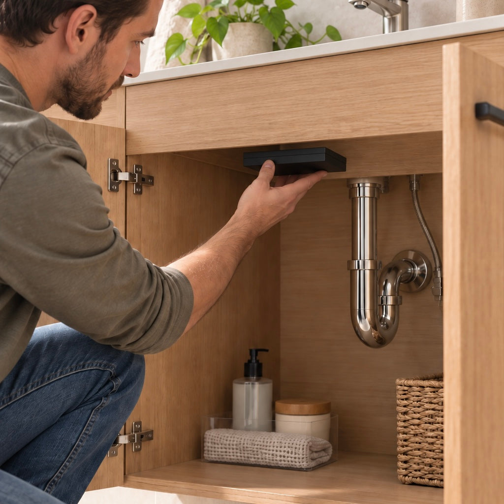 B01 magnetic hidden storage box being installed inside a wooden cabinet