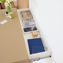 A14 floating wall table with hidden RFID drawer and minimalist beige design