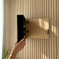A hand is mounting a black wall-mounted cabinet onto a light wood slatted wall. The cabinet door is swung open to reveal the interior, and the scene is lit by natural sunlight with soft shadows.