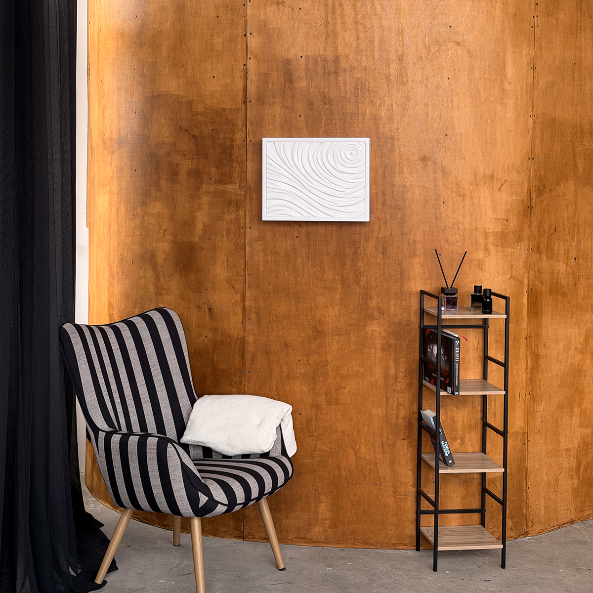 White D01 sculptural wall art with hidden storage displayed in a modern interior.