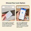 An informational comparison graphic titled 'Choose Your Lock Option' showing two lock options: 'Standard RFID Lock' with a hand holding a silver RFID card, and 'RFID + Bluetooth Smart Lock' with a hand holding a smartphone displaying the TTLock app and a small lock key fob.