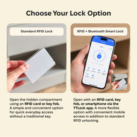 HIDDO lock options comparison: standard RFID lock with card or key fob, and RFID + Bluetooth smart lock with card, key fob, or TTLock smartphone app access.