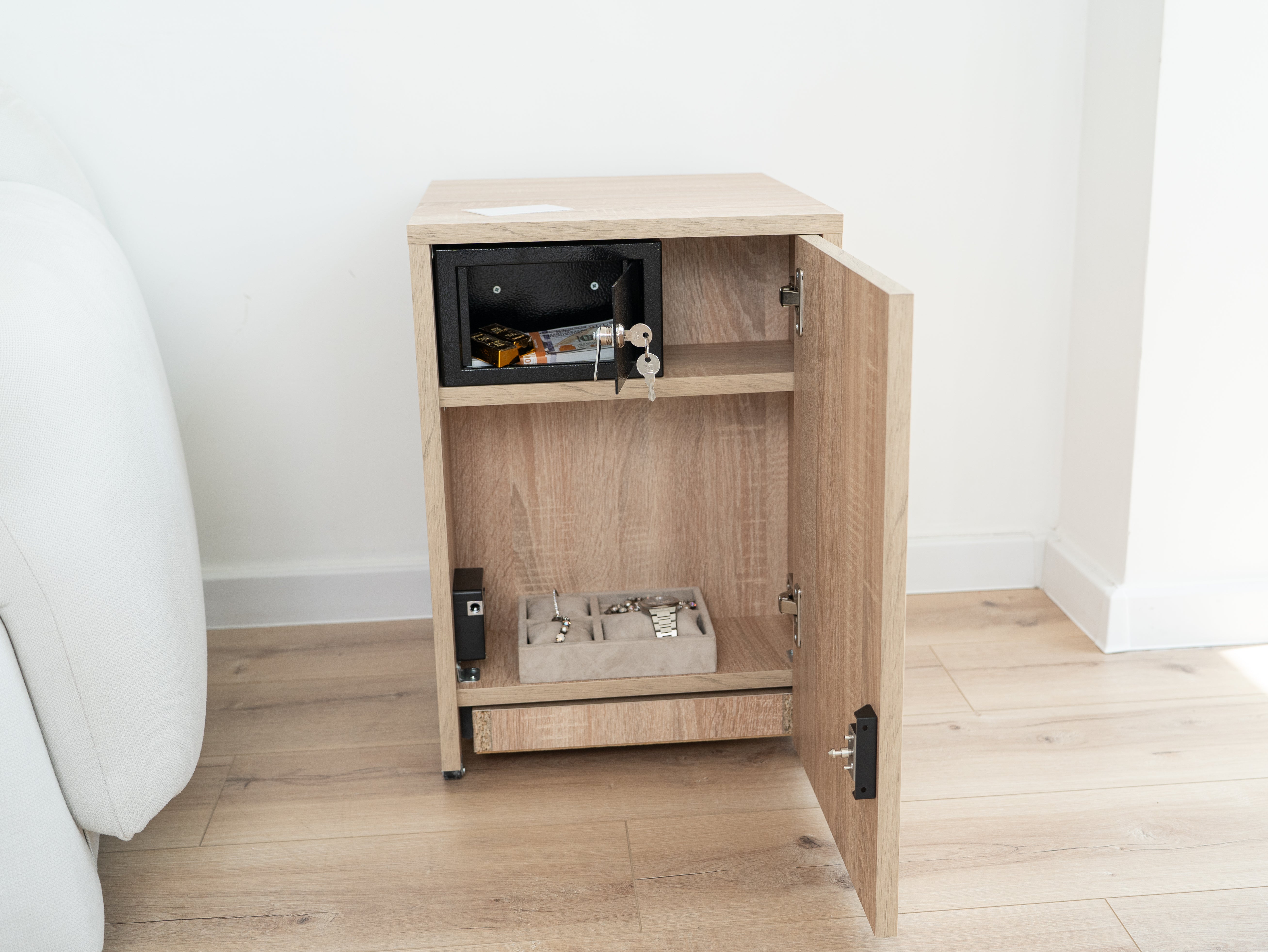 Comodino Moderno con Cassaforte Metallica Nascosta e Serratura RFID – B36