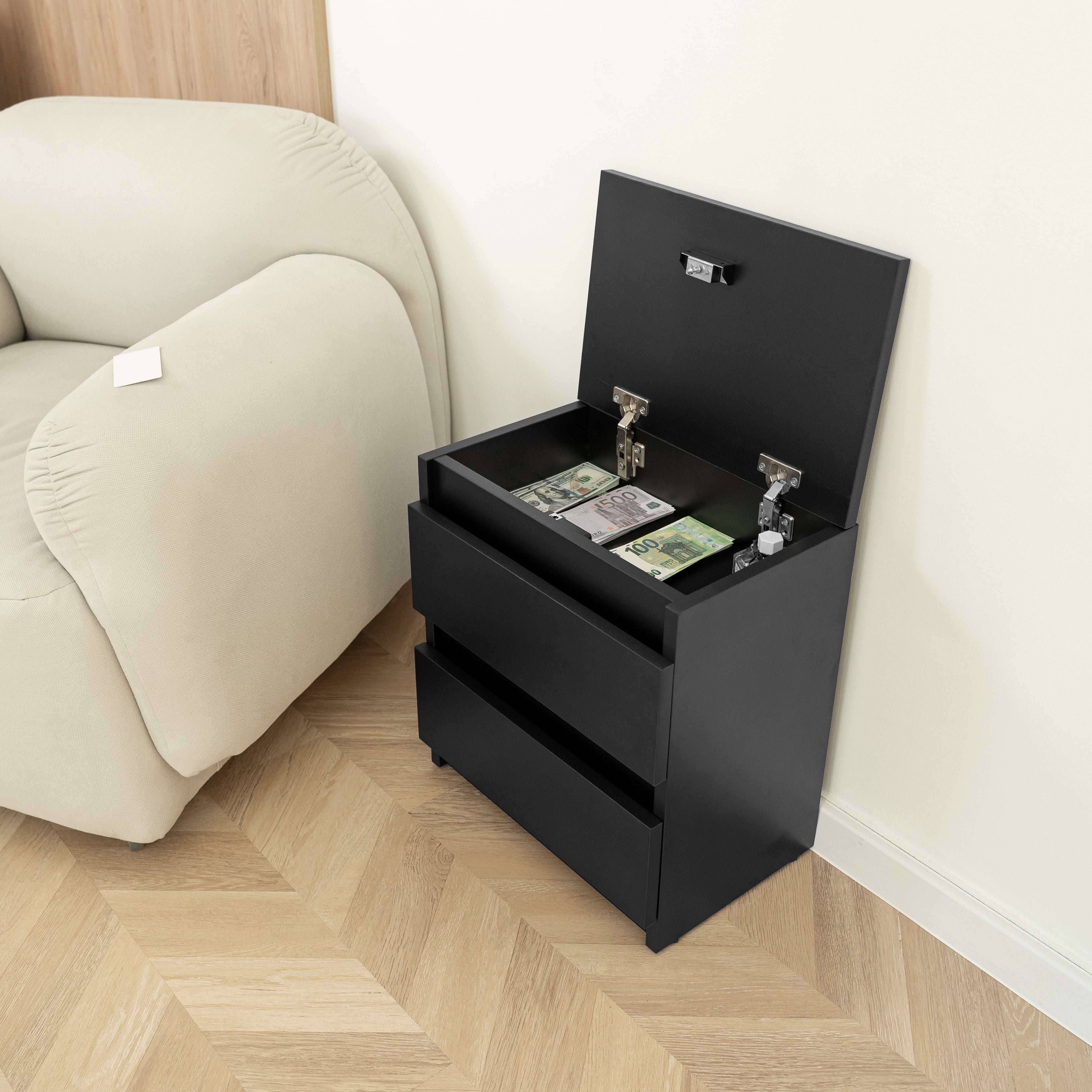 Black Nightstand with Hidden RFID Safe & 2 Drawers B24 | Hiddo – HIDDO