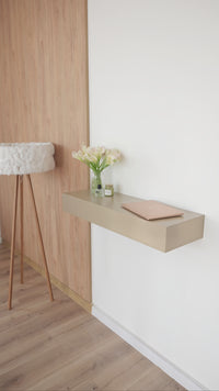 A14 floating wall table opening with RFID access card and concealed drawer mechanism